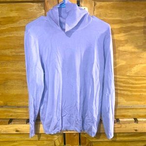 Purple turtleneck, long sleeve, white sweater